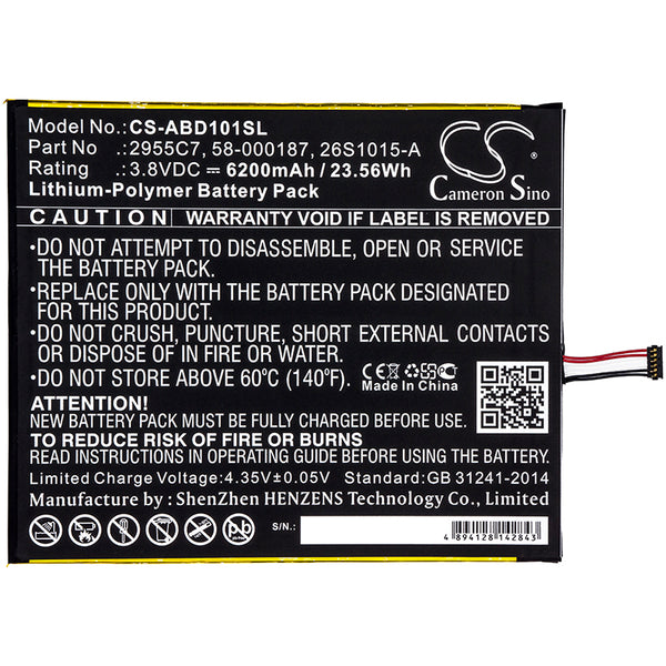 Premium 6200mAh Cameron Sino Battery for Amazon Kindle Fire HD10.1, Kindle Fire HD 10.1 7th, SL056ZE; P/N: 26S1015-A, 2955C7, 58-000187, 58-000280